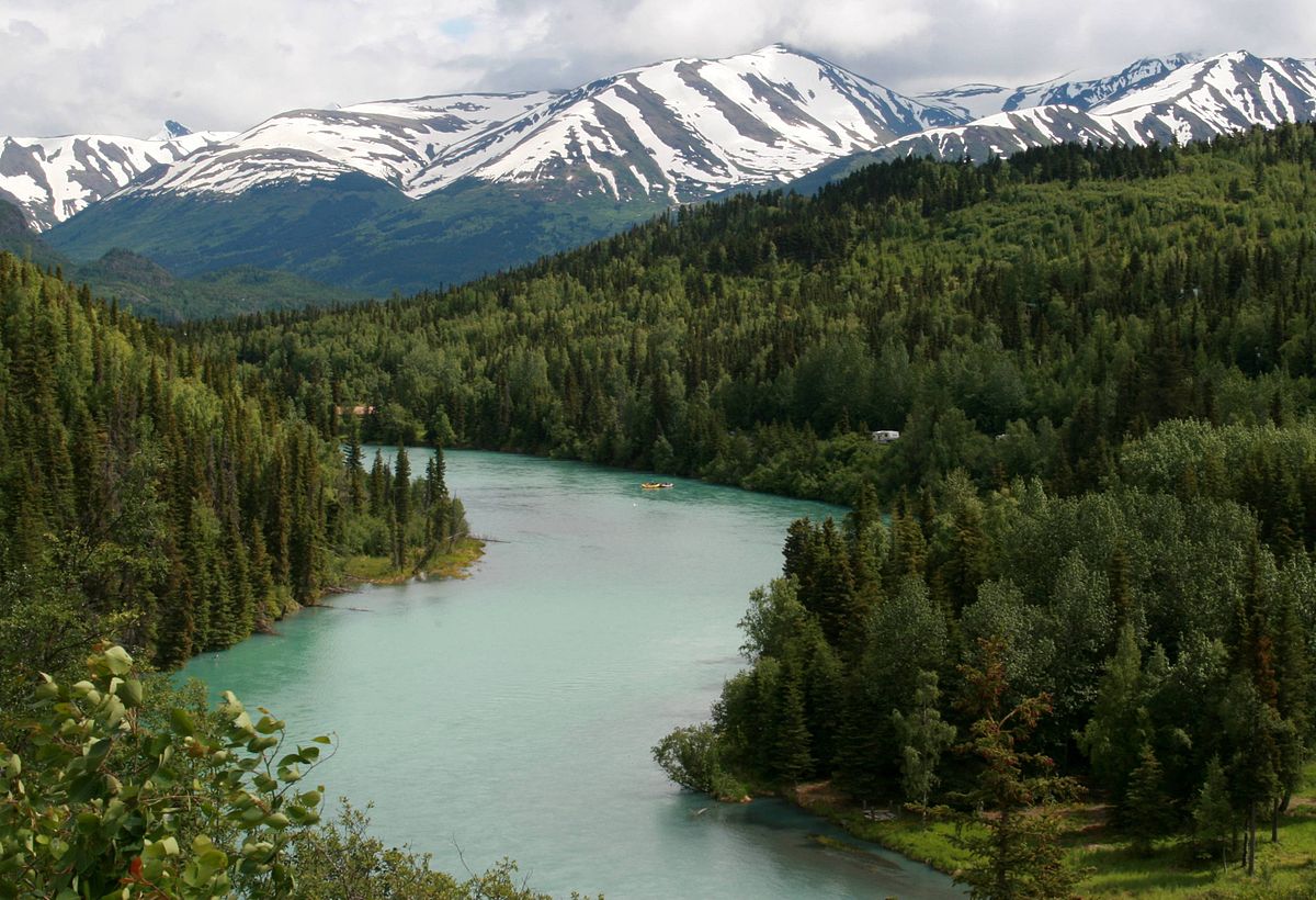 Kenai River with snow-capped mountains in Alaska